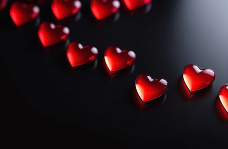 Red 3d glass hearts on a glossy black backgroundの素材