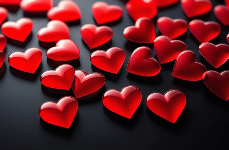 Red 3d glass hearts on a glossy black backgroundの素材