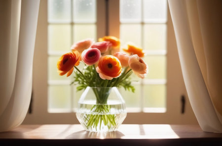 A bouquet of orange ranunculus in a glass vase stands on the window. The back evening light.の素材