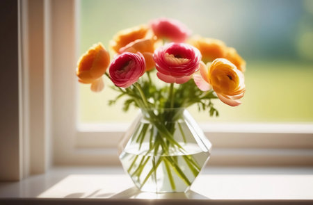 A bouquet of orange ranunculus in a glass vase stands on the window. The back evening light.の素材