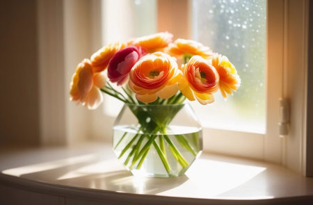 A bouquet of orange ranunculus in a glass vase stands on the window. The back evening light.の素材