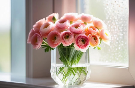 A bouquet of pink ranunculus in a glass vase stands on the windowの素材