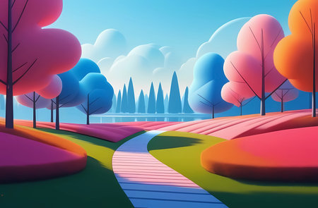 A park with blooming rose trees. Illustration.の素材