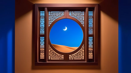 3d rendering of a window with a moon in the sky and desertの素材