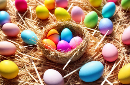 Colorful Easter eggs in nest on straw background. Happy Easter concept.の素材