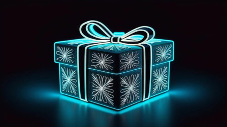 Glowing neon gift box on a black background.