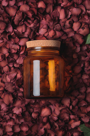 Amber glass jar lies on rose petals. Top viewの素材