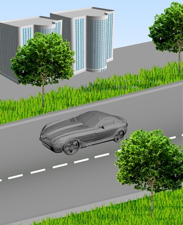 City   with a road car, houses, grass and treesのイラスト素材