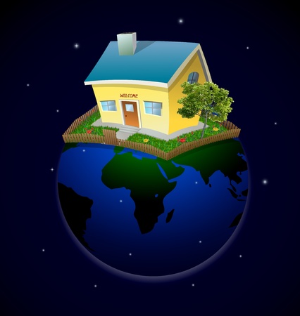 Planet with house and garden at night  Vector のイラスト素材