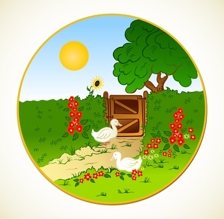 Rural fence, flowers and farm geese   Vector backgroundのイラスト素材