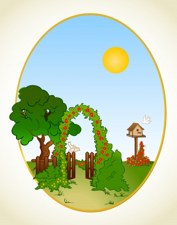 Tree and flower background with fence  Vectorのイラスト素材
