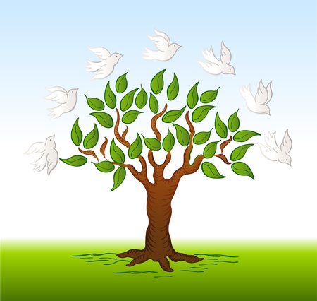 Birds over a tree backgroundのイラスト素材
