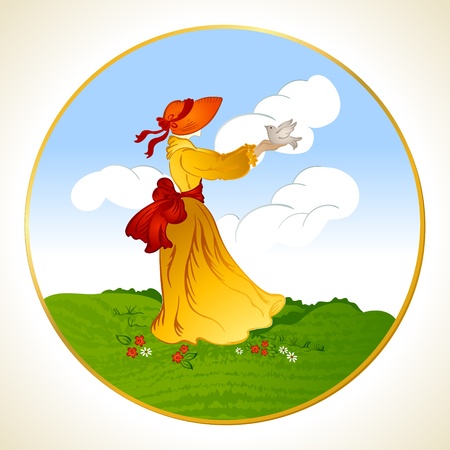 Woman in a hat with a bird in the hand backgroundのイラスト素材
