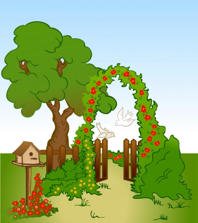 Tree and flower background with fence のイラスト素材