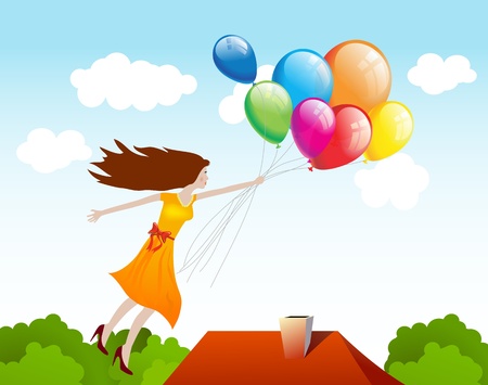 Girl flying with balloons  backgroundのイラスト素材