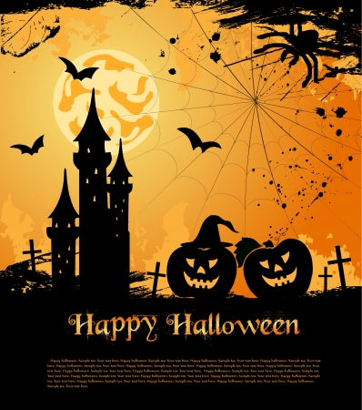 Halloween card with castle, bats and pumpkinのイラスト素材