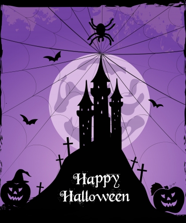 Halloween purple card with castle, bats and pumpkinのイラスト素材