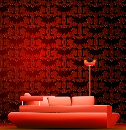 Interior of a room with sofa and red wallpaper  Vectorのイラスト素材