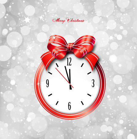 Red bow on clock as christmas cardのイラスト素材
