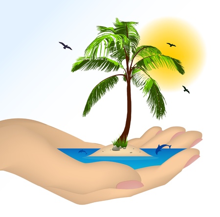 Sea   island with palm in a female hand  Vectorのイラスト素材