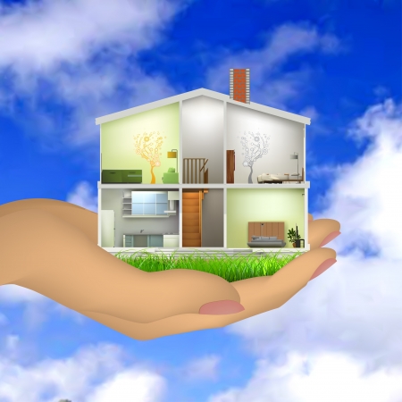 Woman s hand holding a house cut with interiorsのイラスト素材