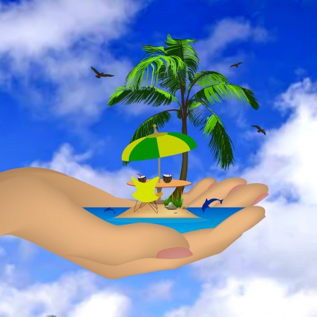 Sea   island with palm in a female hand  Vectorのイラスト素材