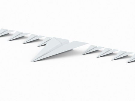 The squadron of white paper airplanes. origami designの写真素材