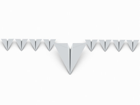 The squadron of white paper airplanes. origami design