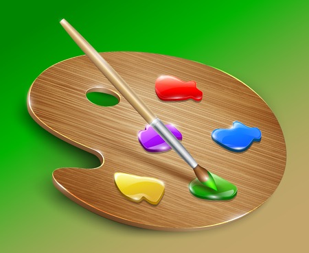 Wooden art palette with paints and brush. Vector illustrationのイラスト素材