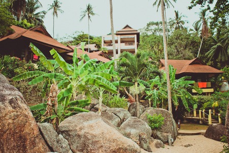 Hotel on tropical beach in retro colours, Koh Samui. Thailandの写真素材