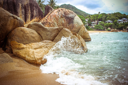 Sea waves crashing against the rocks, Koh Samui