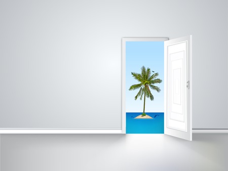 Door to island view behind an open door conceptのイラスト素材