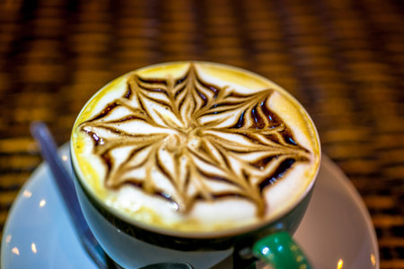 Cup of coffee latte with design art in froth, on a wooden table. Close up macroの写真素材