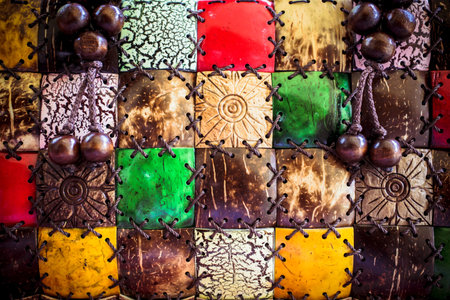 Texture of the painted pieces of coconut. Macro