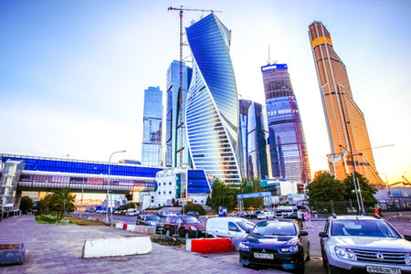 Buildings at New Arbat Street, in the rays of the evening sun. Moscow, Russiaのeditorial素材