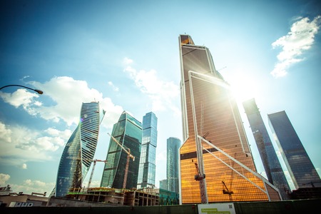 Beautiful evening view of famous skyscrapers in Moscow City international business center, Russiaのeditorial素材