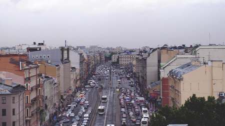 Russia, Saint Petersburg, 20 june 2017. Aerial view of busy street, heavy traffic in the evening.のeditorial素材