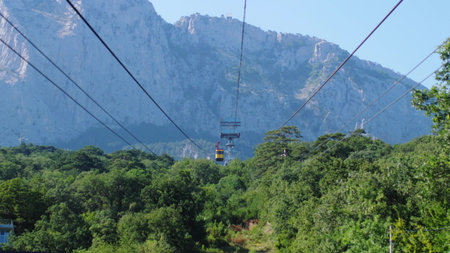 Yellow funicular railcar train in beautiful mountains