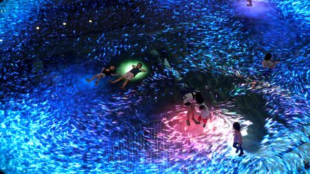 Singapore, 26 May 2018. Large screen augmented reality experience on the floor. Digital Light Canvas at Marina Bay Sands Science, people with their children have fun at it screen.のeditorial素材