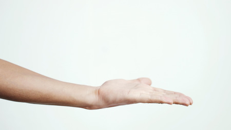 Female hand appears in the frame palm up close up on a white backgroundの写真素材