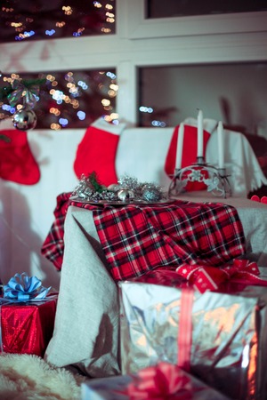 A beautiful living room decorated for Xmas. Christmas family traditions.の写真素材