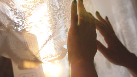 Hands pulling a window curtain for warm morning light. Young woman opening curtains. Close up. Female hands open window curtain in morning.の写真素材