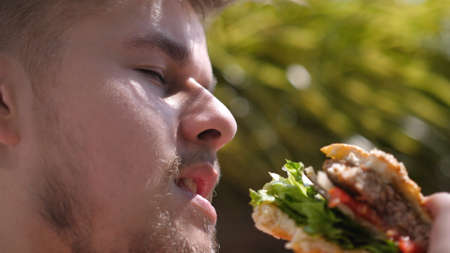 Bearded man is eating a hamburger. Junk food. unhealthy eat habits.の写真素材