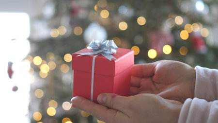 Woman hands holding red gift box presents with silver ribbon bow. Concept Season of giving, Christmas, happy new year, Birthday, Valentine, Anniversary, Mothers day.の写真素材