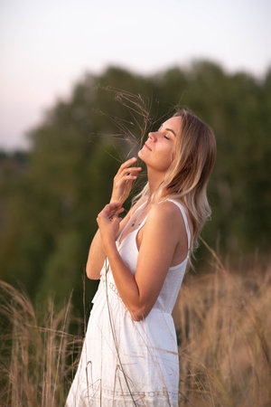 Young pretty woman in dress outdoors posing in a fieldの写真素材