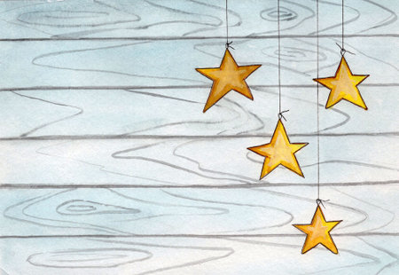 Christmas greeting card with stars on wooden background. Festive decoration.