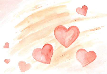watercolor hearts in red color on pink backgroundの写真素材