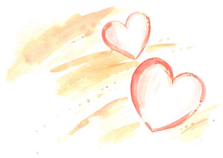 watercolor hearts in red color on pink backgroundの写真素材