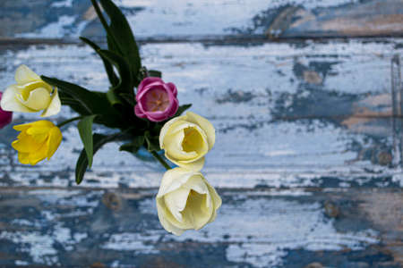 Beautiful bouquet of flowers on a blue wooden background.の写真素材