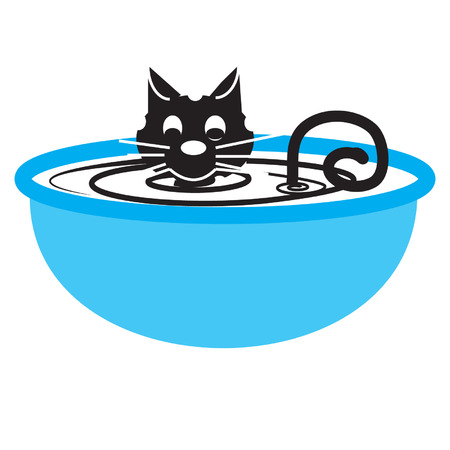 to describe cat taking a bath/bowl. the bowl colour is blue. and then, cat colour is blackのイラスト素材